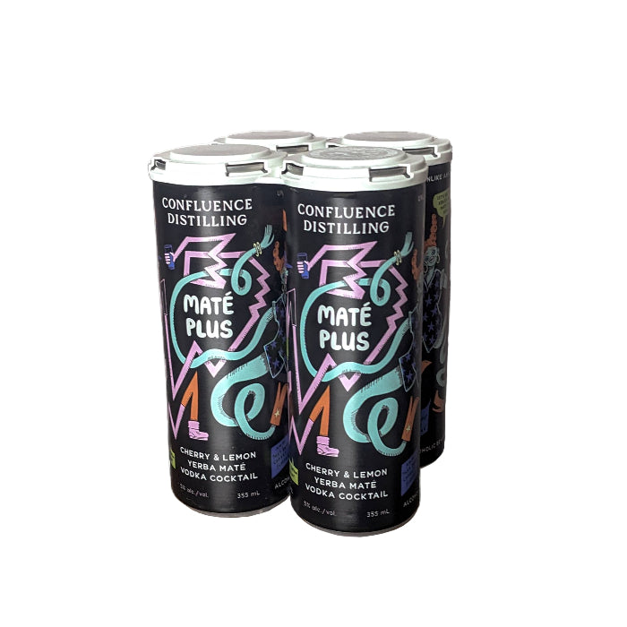 Two cans of Confluence Distilling Mate Plus cocktail on a white background