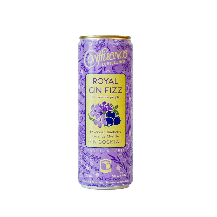 A can of our Royal Gin Fizz has a lavender purple background with a bright yellow text box, featuring the drink name and a little drawing of lavender and blueberry
